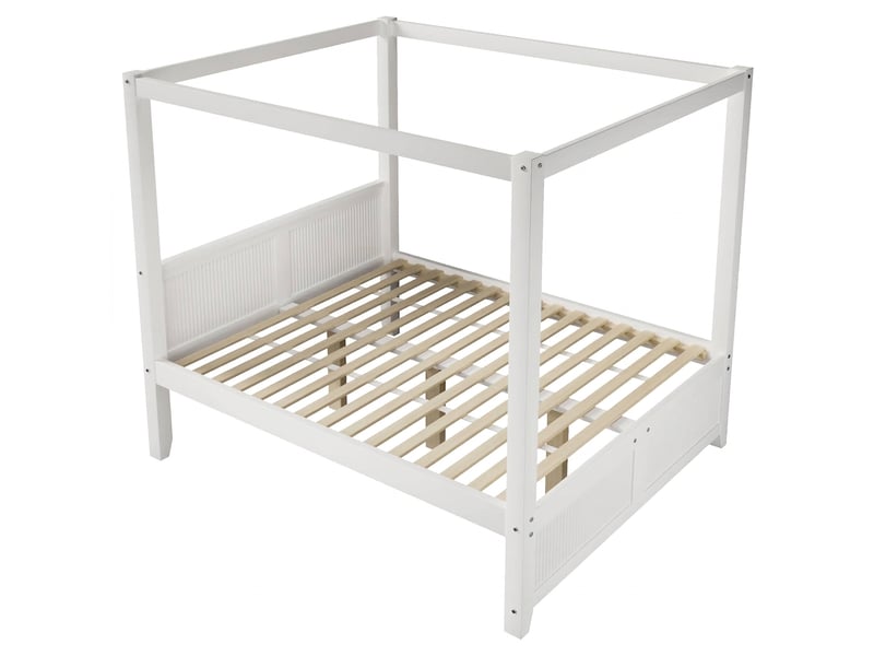  Lit à baldaquin 140x200 bois blanc avec toit décoratif et lattes verticales sans matelas  - Conforama D