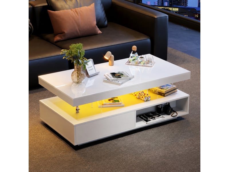  Table basse blanche brillante 95 x 50 x 42,5 cm, led bluetooth, 2 tiroirs, verre, blanc  - Conforama B