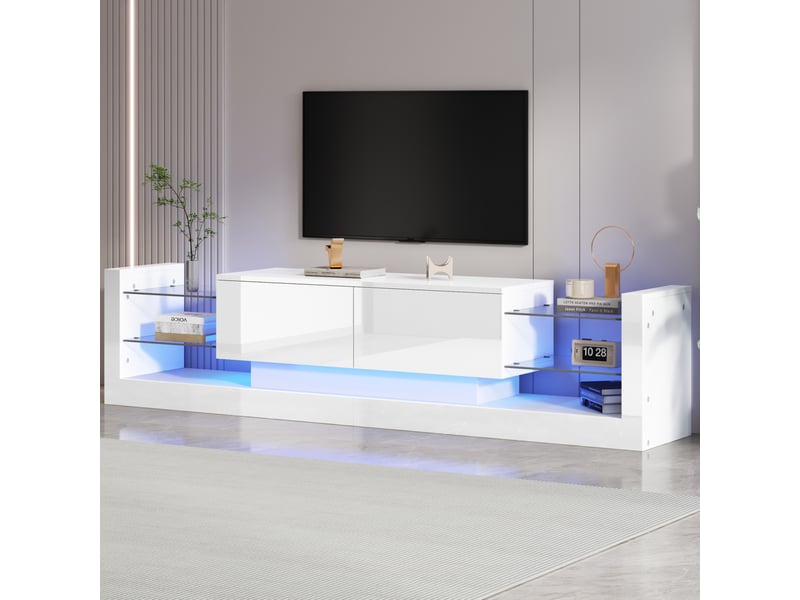  Meuble tv modenvie blanc brillant avec led et façade en verre 181 x 38 x 38 cm  - Conforama B