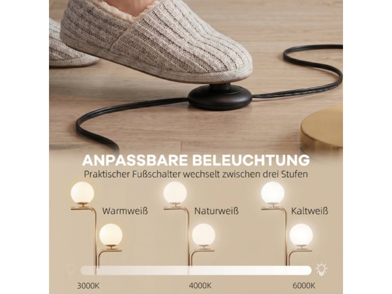 Lampadaire led moderne, doré, abat-jour boules en verre, 3 températures de couleur, interrupteur au pied - Conforama E