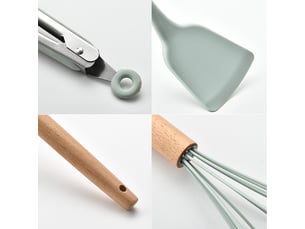 Ensemble de 11 ustensiles de cuisine verts, comprenant un seau de rangement et une poêle antiadhésive