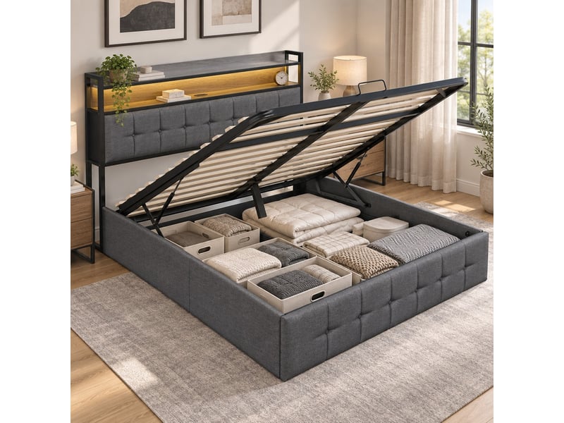  Lit coffre 2 places 140x190 cm, lit adulte avec rangement, led, port usb, tissu en fond, tête de lit, lin gris  - Conforama D