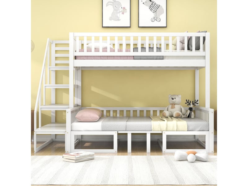  Lit superposé 90x200 cm et 120x200 cm avec escalier, table réglable, bois et mdf blanc sans matelas  - Conforama C