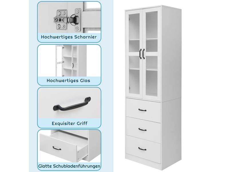  Vitrine 60x40x200 cm avec led, 3 tiroirs et portes en verre blanc  - Conforama E