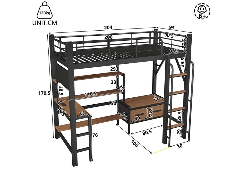  Lit mezzanine enfant 90 x 200 cm avec bureau, rangements, led et usb noir  - Conforama C