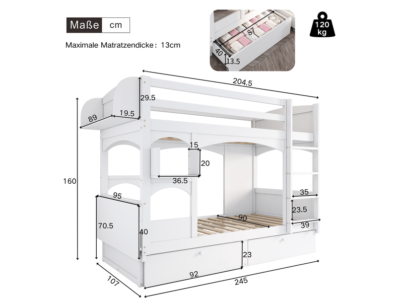  Lit superposé enfant 90x200 cm – blanc – bureau rabattable, étagère et 2 tiroirs de rangement - sans matelas  - Conforama C
