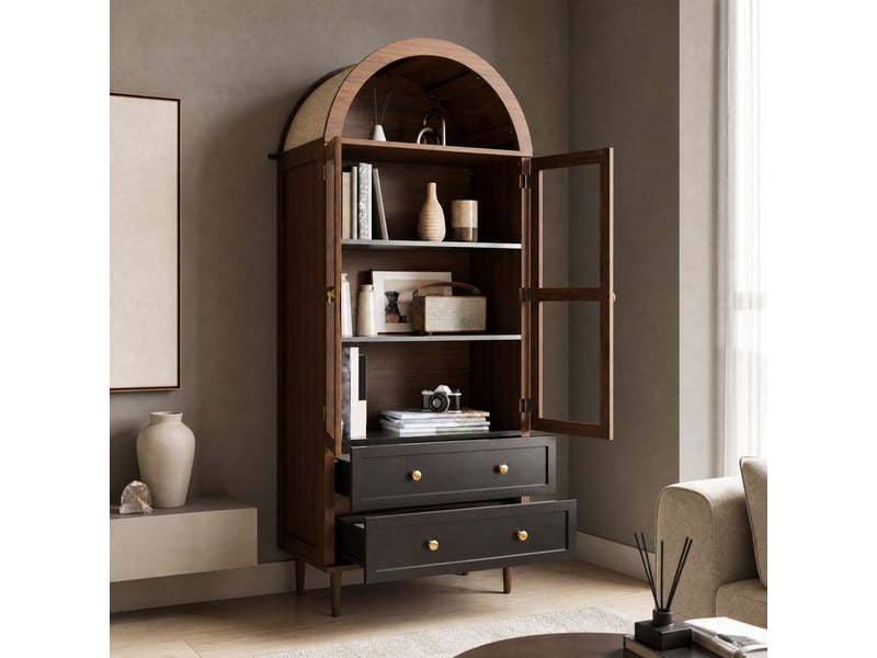  Buffet haut rétro en mdf et verre noyer foncé 70 x 38 x 168 cm  - Conforama C