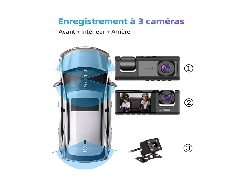 Dashcam voiture 3 canaux full hd 1080p wifi – caméra embarquée avant, intérieur et arrière avec écran ips 2,0, vision nocturne infrarouge, g-sensor et mode parking – noir - Conforama C