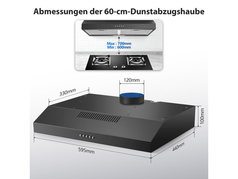  Hotte aspirante 60 cm, hotte sous meuble en acier inoxydable, débit d'air de 250 m³h, 3 vitesses, led 2 w, a+  - Conforama C