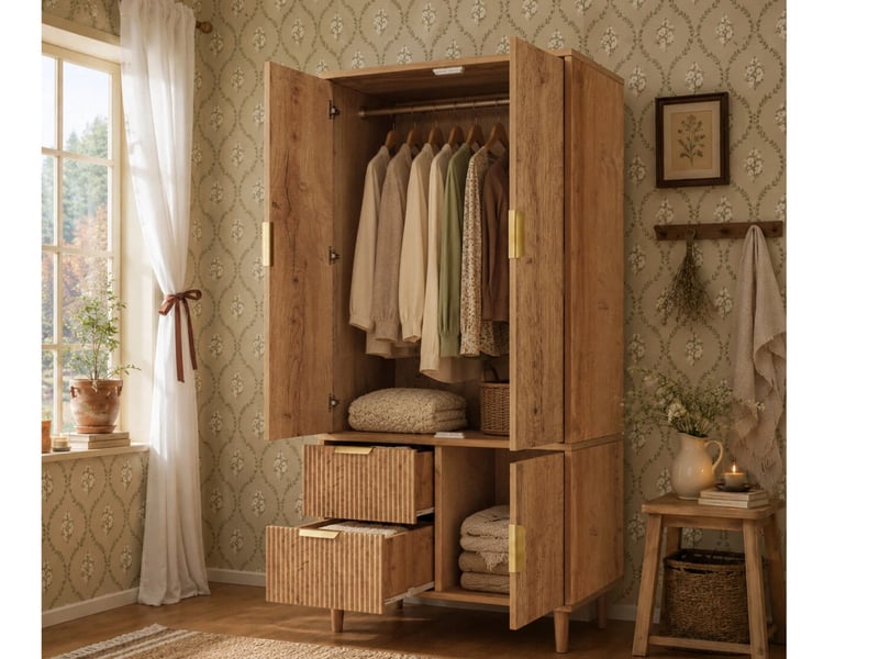 Armoire moderne, avec façades rainurées (effet 3d), 3 portes et 2 tiroirs,80 x 50 x 177 cm, finition chêne - Conforama B