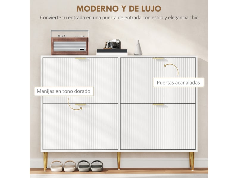  Meuble à chaussures étroit blanc, 4 portes cannelées, étagères réglables, 20 paires, 105 x 24 x 91,5 cm  - Conforama R