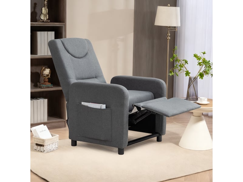  Fauteuil relax inclinable gris, dossier réglable, repose-pieds rabattable, assise rembourrée pour salon et lecture  - Conforama E