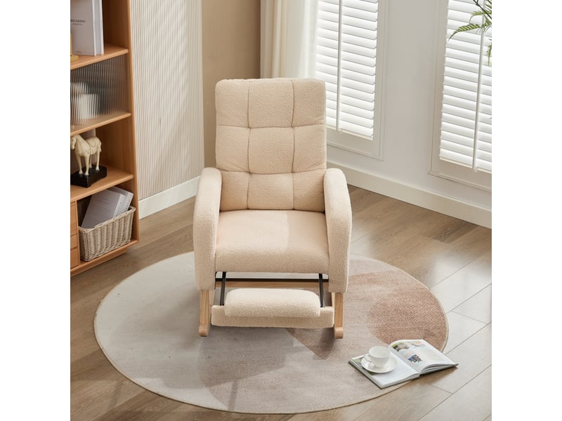  Fauteuil à bascule beige en tissu bouclette avec repose-jambes intégré et pieds en bois massif 132x50x99 cm  - Conforama D