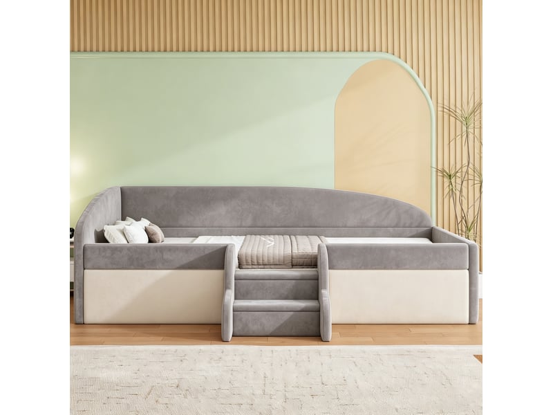  Lit enfant rembourré 90 × 190 cm avec barrières latérales et marches intégrées, sans matelas, en velours gris  - Conforama D