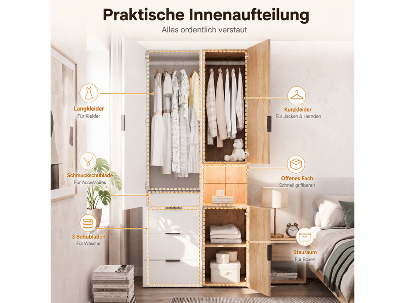  Armoire de chambre avec éclairage led et tiroir à bijoux 90x49x200 cm blanc et chêne  - Conforama R