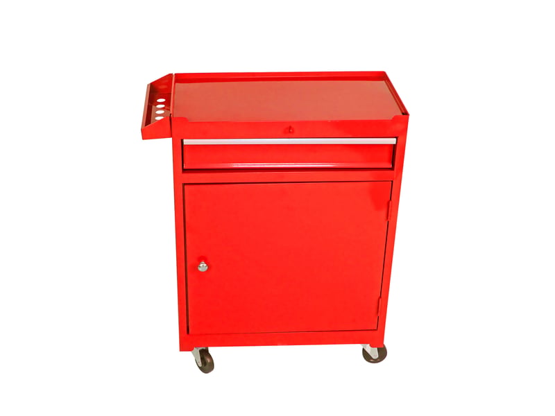 Armoire à outils mobile 58,5 x 28 x 102 cm rouge en acier, rangement à tiroirs, portes et roulettes - Conforama E