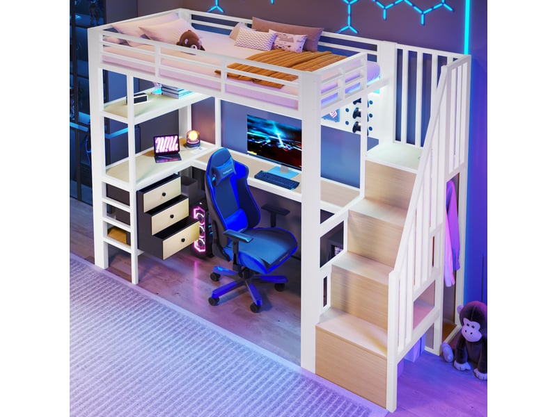  Lit mezzanine 90x200 cm avec bureau, rangements et led blanc  - Conforama E