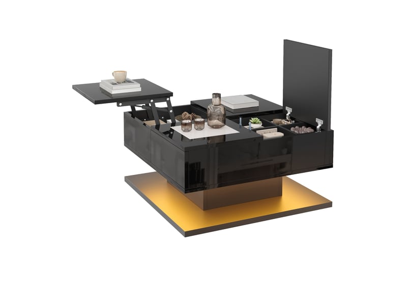  Table basse relevable 72x72x35 cm, tiroirs, plateau à abattant, led app, finition haut‑brillante, mdf, noire  - Conforama A