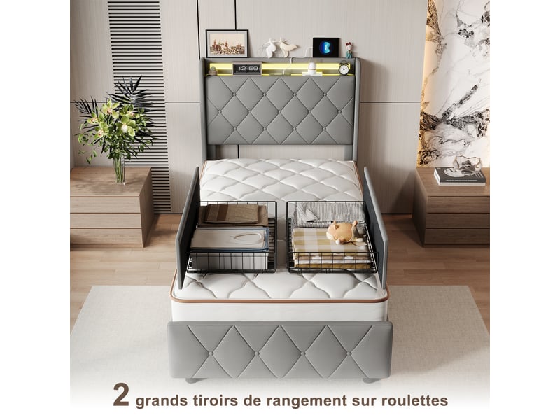  Lit coffre 90x200 cm, tête de lit led, coloris gris  - Conforama D