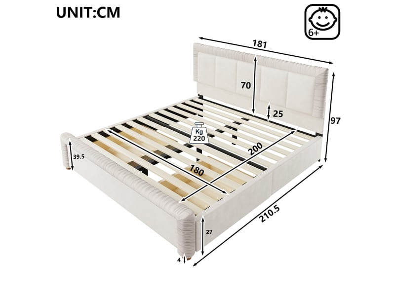  Lit coffre 180x200 cm en velours avec 2 tiroirs de rangement, lit double rembourré avec tête et pied de lit capitonnés, sommier inclus - beige  - Conforama C