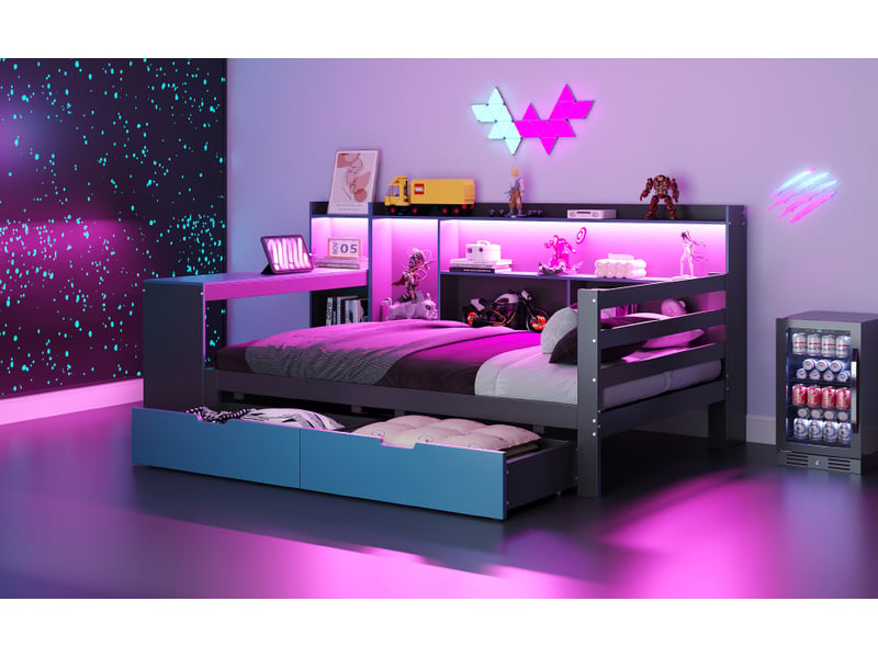 Lit enfant multifonction 90x200 cm avec bureau, rangement, led, 2 tiroirs, sommier inclus, pin et mdf noir bleu - Conforama R