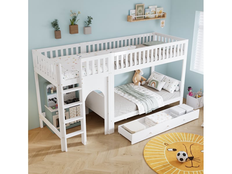  Lit superposé enfant 90x200 cm blanc et naturel avec échelle et barrières  - Conforama E