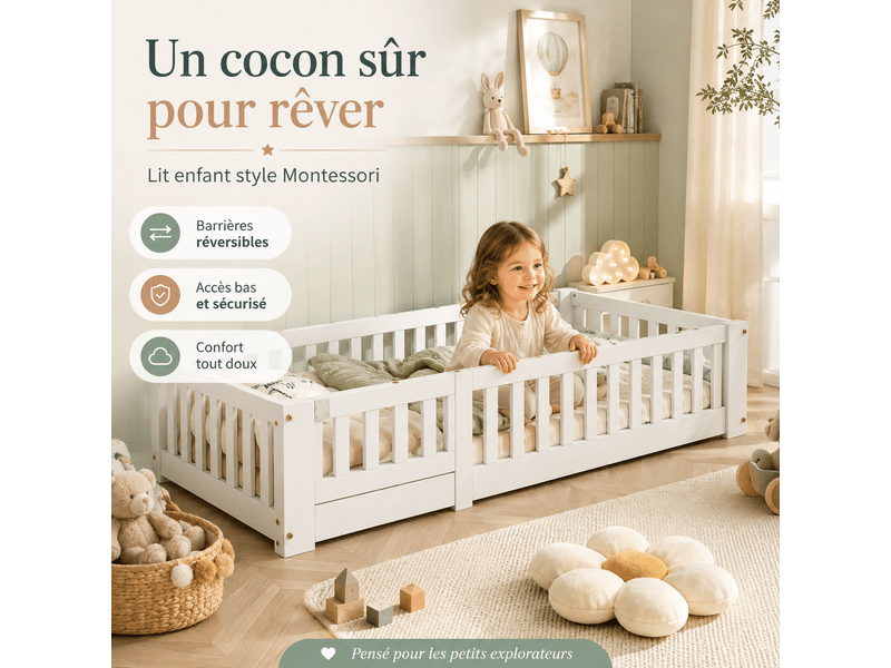  Lit au sol 90x190 cm, lit enfant montessori avec barrière de sécurité et sommier, bois massif pin, lit simple cabane 1 place, blanc  - Conforama R