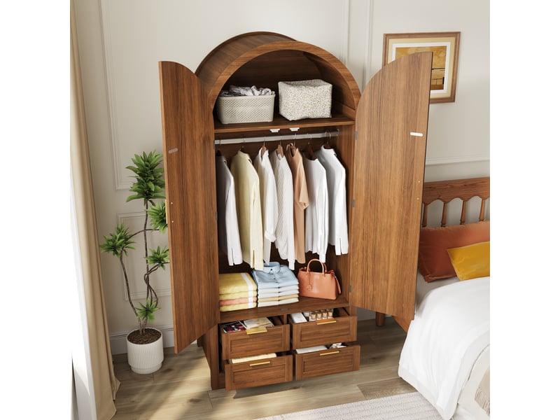  Armoire penderie moderne avec portes incurvées et vaste rangement, armoire de chambre avec tringle et tiroirs, design luxueux pour chambre et entrée Seren Glow - Conforama D