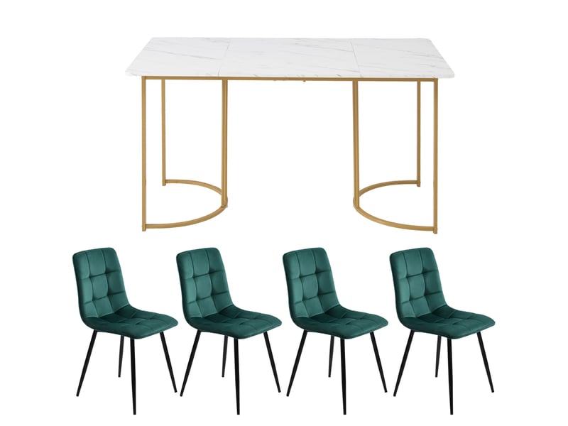  Ensemble table et 4 chaises 140x80x75 cm effet marbre blanc et vert foncé  - Conforama E