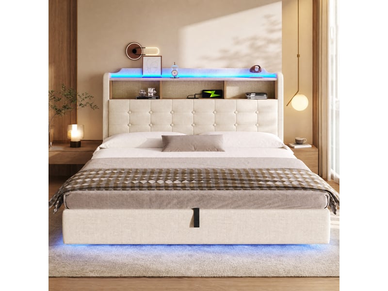 Lit avec led 180 × 200 cm 2 places avec coffre hydraulique, usb, type-c et rangement, sans matelas, beige - Conforama C