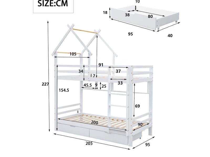  Modenvie lit superposé enfant 90x200 cm - avec tiroirs et étagères, sans matelas - blanc  - Conforama C