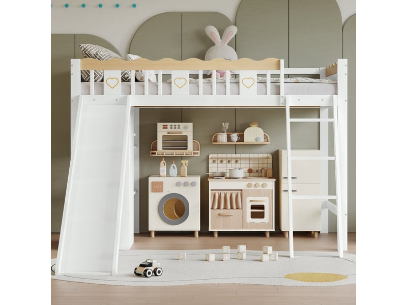  Lit mezzanine enfant 90 x 200 cm avec toboggan, armoire, meuble de rangement, garde-corps 4 côtés, pin et mdf, blanc et effet bois naturel  - Conforama B