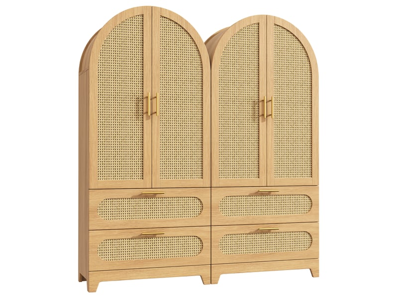 Lot de 2 armoires de cuisine hautes en rotin 160 x 40 x 175 cm, 4 portes et 4 tiroirs, style bohème vintage, bois clair - Conforama A