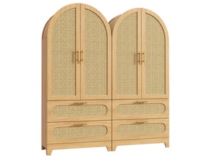 Lot de 2 armoires de cuisine hautes en rotin 160 x 40 x 175 cm, 4 portes et 4 tiroirs, style bohème vintage, bois clair