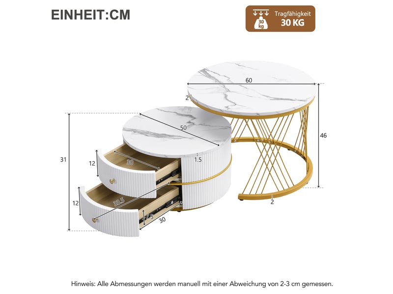  Tables basses gigognes rondes avec 2 tiroirs, finition brillante effet marbre, en mdf, blanc, pour salon  - Conforama D