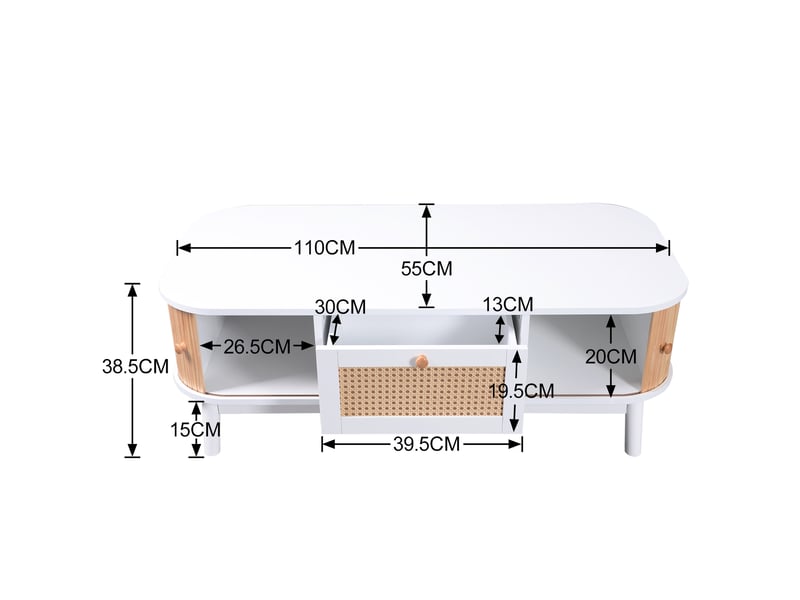  Table basse 110x55x38,5 cm avec tiroir aspect rotin et portes à lattes, pieds en bois massif, mdf, blanc et bois ABC - Conforama C