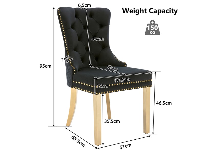  Lot de 6 chaises 50,5x45x95cm avec design unique de poignée de porte, design à clous, pieds en métal, velours, noir  - Conforama D