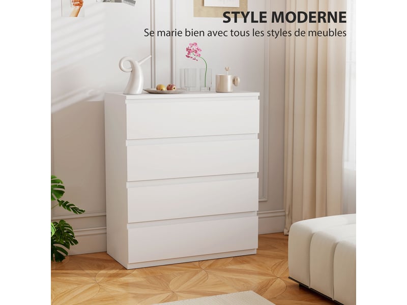  Commode 4 tiroirs, meuble de rangement épuré pour chambre, intérieur, 80 x 39 x 95 cm panneau de particules blanc  - Conforama D