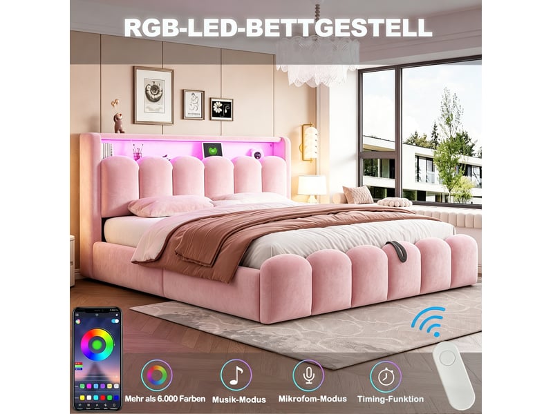 Lit coffre 180 × 200 cm 2 places avec rangement hydraulique, led, usb et type-c, sans matelas, velours rose - Conforama D