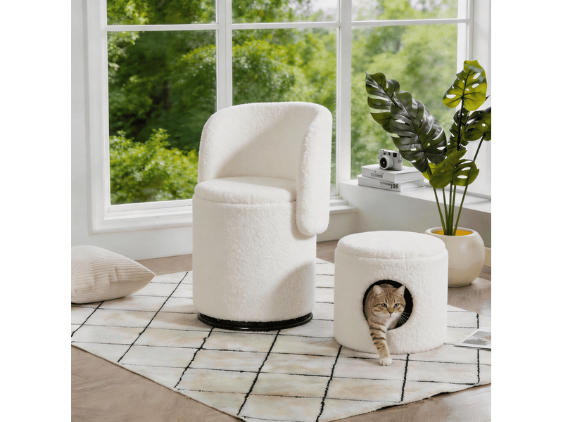 Pouf blanc pivotant à 360° en tissu teddy avec rangement intégré et couchage pour félin - Conforama B