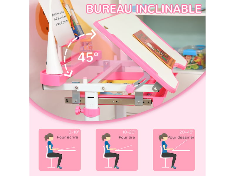  Ensemble chaise et bureau pour enfants avec lampe led hauteur réglable plateau incliné support de lecture rose  - Conforama W
