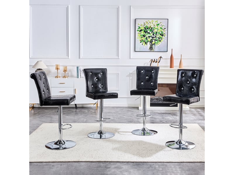  Tabourets de bar lot de 4 avec revêtement imperméable et boucles cristal - lpospi - rembourrés pvc effet crocodile noir  - Conforama C