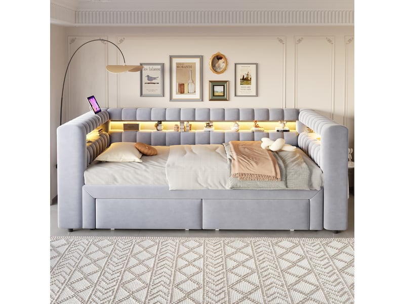  Lit gigogne 90 x 190 cm extensible 180 x 190 cm gris clair en velours, led, rangements et prises usb  - Conforama E