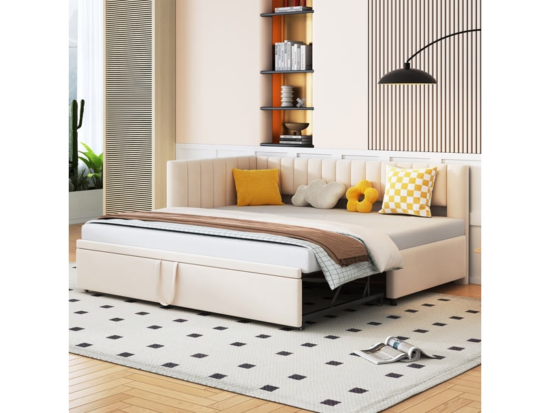  Canapé lit gigogne enfant 90x200 cm avec lit tiroir 90x200 cm, banquette-lit convertible, couchage d'appoint, rangement gain de place, beige  - Conforama B