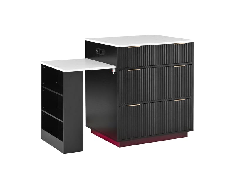 Îlot de cuisine mobile noir, table extensible, led, prises, tiroirs, étagères - Conforama D