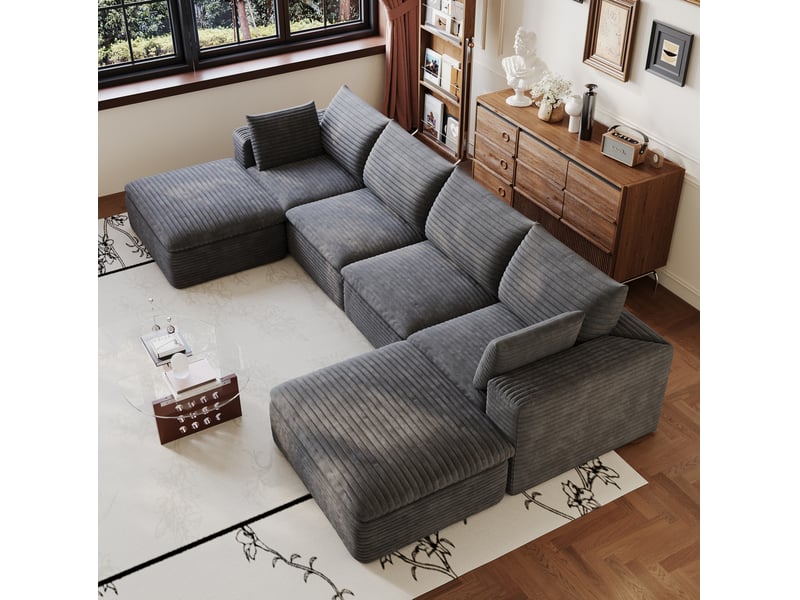  Canapé modulable tcqpz 6 places 340 x 160 x 82 cm en tissu velours côtelé gris foncé coussins amovibles design double couche  - Conforama D