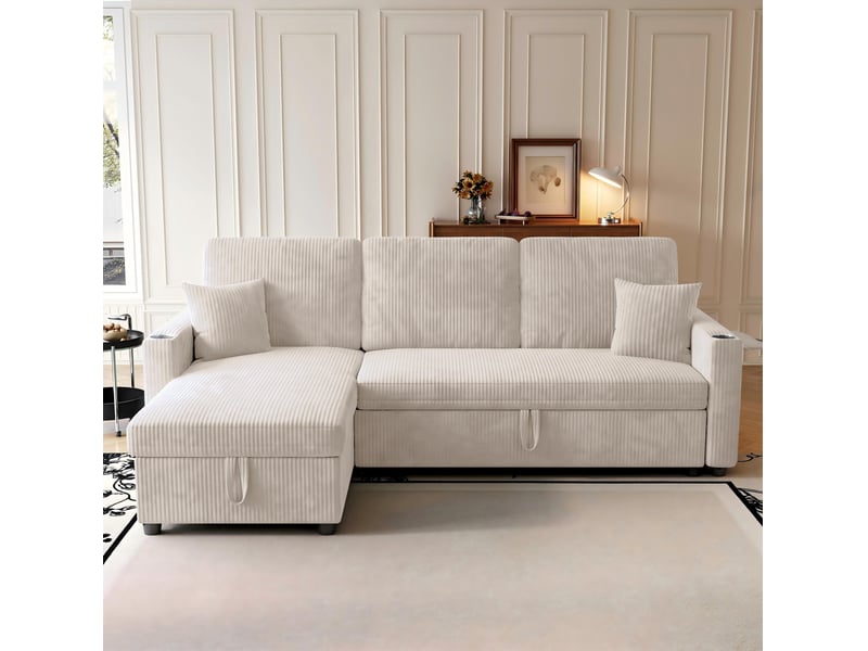  Canapé d’angle gauche convertible 3 places en velours côtelé beige avec rangement  - Conforama B