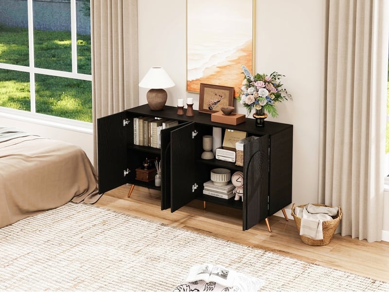  Buffet noir style mid-century avec portes arquées, 150 cm, pieds en métal doré  - Conforama D