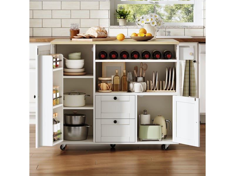  Îlot de cuisine sur roulettes avec plateau pliant, chariot de cuisine blanc et bois, 104x69x89 cm  - Conforama R