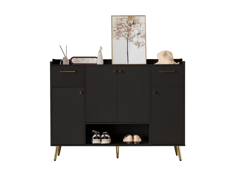  Meuble à chaussures avec 2 tiroirs, 4 portes et niche ouverte, pieds hauts, pour entrée, noir, 130 × 37 × 100 cm  - Conforama A